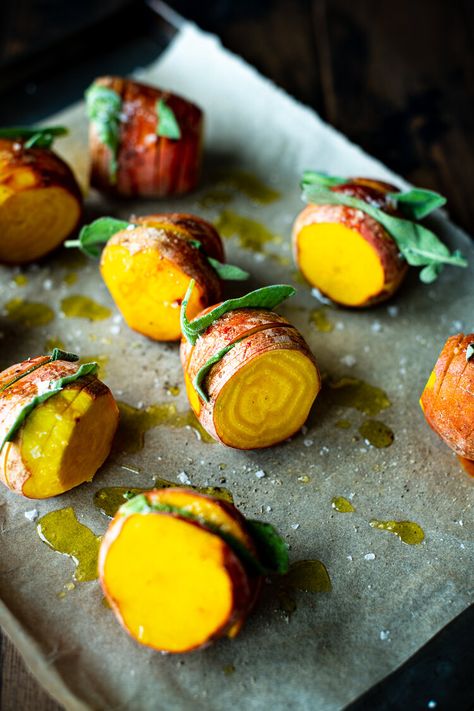 Golden beets on a tray, sliced with sage leaves in between Golden Beets Recipe, Final Project Ideas, Yellow Beets, Honey Mustard Glaze, Golden Beets, Easy Cook, Beet Recipes, Unique Food, Sage Leaves