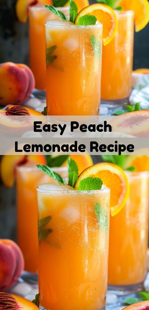 Craving a fresh peach drink? This Peach Lemonade Recipe is a winner! With juicy peaches and tangy lemonade, it's a tasty beverage that's ideal for your peach recipes and drink recipe easy collection." Peach Lemonade Recipe, Fresh Lemonade Recipe, Peach Drink, Easy Lemonade Recipe, Peach Drinks, Peach Recipes, Perfect Summer Drink, Peach Lemonade, Peach Puree