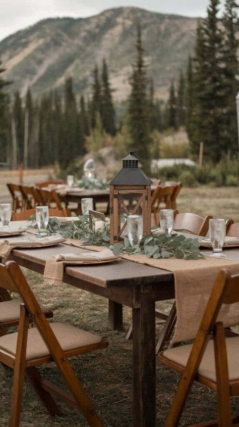 14 Mountain Wedding Table Decoration Ideas Vintage Mountain Wedding, Mountain Backyard Wedding, Circle Table Wedding Decor Simple, Branches Table Decor, Wood Themed Wedding, Rustic Mountain Wedding, Table Decoration Ideas, Romantic Road, Wedding Table Decoration