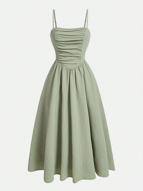 Women's Pleated Spaghetti Strap Dress Green Casual,Elegant  Sleeveless Woven Fabric Plain Cami Non-Stretch  Women Clothing, size features are:Bust: ,Length: ,Sleeve Length: Sage Green Grade 8 Grad Dress, Cute Green Outfits Casual, Spaghetti Dress Outfit, Plain Dress Ideas, Long Simple Dress Casual, Sage Green Dress Casual, Green Dress Outfit Casual, Green Outfit Women, Elegant Simple Dress