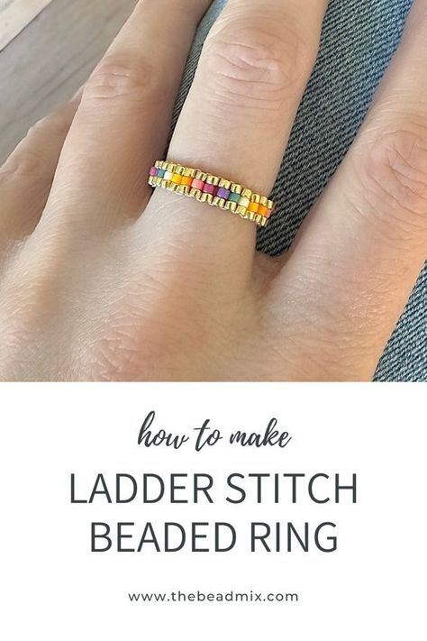 Learn how to make this fun and easy ladder stitch beaded ring made with Miyuki 11/0 Delica Beads. The perfect project for beginners! Use the link to watch the full free beading tutorial and view all the materials you will need. #of #Jewelry #Art #the #Elegance #Crafting #Accessories #Tradition #Unraveling #the #Beaded #and #Beauty #Creativity #Tidiness #Organizers #Gemstone Beaded Ring Tutorial, Free Beading Tutorials, Diy Beaded Rings, Seed Bead Crafts, Bead Weaving Tutorials, Seed Bead Pattern, Beaded Earrings Tutorials, Ring Tutorial, Ladder Stitch