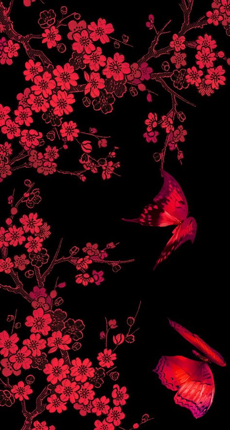 iPhone X Wallpapers — Flowers and butterflies Red And Black Wallpaper, Dark Red Wallpaper, Hu Tao, Red Wallpaper, Black Wallpaper, Iphone X, Red And Black, In The Dark, Tao