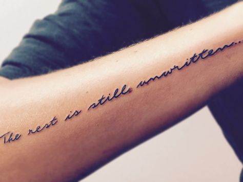 In love with my first Tattoo <3... the rest is still unwritten... Unwritten Tattoo, The Rest Is Still Unwritten Tattoo, Feather Tattoo Meaning, Type Tattoo, Small Shoulder Tattoos, M Tattoos, Text Tattoo, Small Tattoos Simple, Feather Tattoo