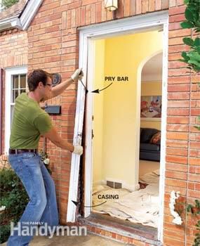 How to Replace an Exterior Door | The Family Handyman Replace Door Frame, Replace Exterior Door, Exterior Door Frame, Exterior Door Trim, Installing Exterior Door, Prehung Exterior Door, Replacing Front Door, Cellar Doors, Expanding Foam