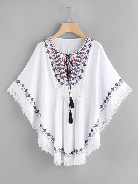 Shop Embroidered Tassel Tie Neck Lace Trim Kaftan Dress online. SheIn offers Embroidered Tassel Tie Neck Lace Trim Kaftan Dress & more to fit your fashionable needs. Kaftan Tops, Owl Dress, Girl Actors, Fancy Shirt, Kaftan Top, Frock Fashion, Fashion Tops Blouse, Kimono Pattern, Trendy Fashion Tops