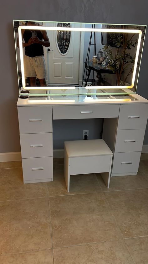 Amazon.com: Makeup Vanity Desk with Lights, Glass Top Vanity with Charging Station, Vanity Mirror with 9 LED Lights Desk, Nightstand, Vanity Set with Storage Bench, 3 Lighting Modes Brightness Adjustable, White : Home & Kitchen Led Lights Desk, Diy Vanity Mirror With Lights, Nightstand Vanity, Desk With Lights, Dressing Table Ideas, Glass Top Vanity, Nightstand Lighting, Diy Vanity Mirror, Desk Nightstand