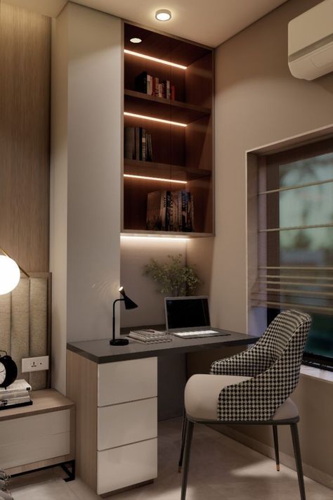 Modern Desk In Bedroom, Bedroom Ideas For Small Rooms With Study Table, Study Unit In Bedroom, Small Study Bedroom Ideas, Computer Desk Setup Bedroom, Hidden Office In Bedroom, Bedroom Working Table, Small Office Table Design Modern, Small Study Corner