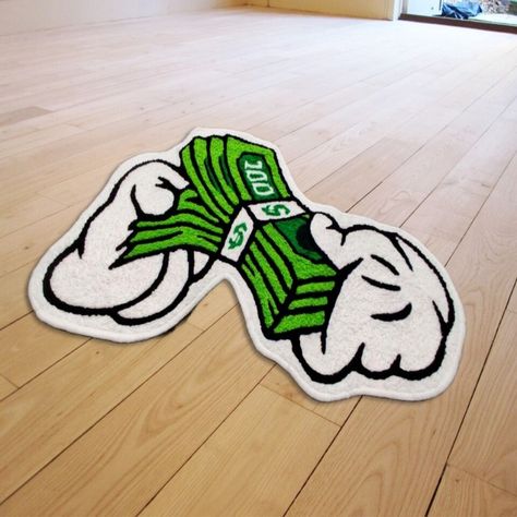 Elevate your living room with these hypebeast floor mats! Made from eco-friendly materials, these solid green rugs are hand-tufted with low pile height. Available in custom size and perfect for any room. #Hypebeast #FloorMats #LivingRoomDecor 🏠💸 Cool Room Rugs, Rug Making Ideas, Money Carpet, Rug Ideas For Bedroom, Room Hypebeast, Custom Rugs Design, Money Rug, Cartoon Rugs, Spiderman Symbiote