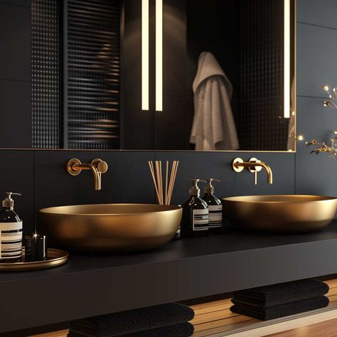 Top Bathroom Paint Ideas Combining Black and Gold for Luxurious Flair • 333+ Art Images Black And Gold Wall Paint Ideas, Black Gold Wood Bathroom, Funky Airbnb, Black And Gold Bathroom Decor Ideas, Black Toilet Bathroom Ideas, Black And Gold Toilet, Gold Accents Bathroom, Grey And Gold Bathroom, Bathroom Black And Gold