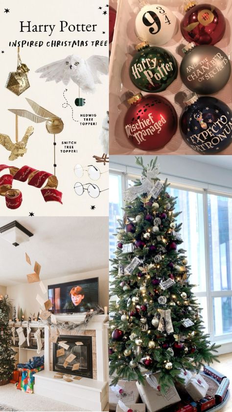 Harry potter theme christmas Harry Potter Decorations Christmas, Harry Potter Xmas Tree, Harry Potter Christmas Theme, Christmas Harry Potter Decoration, Harry Potter Christmas Tree Ideas, Harry Potter Themed House, Harry Potter Xmas, Diy Harry Potter Christmas, Harry Potter Christmas Aesthetic