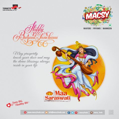 May prosperity knock your door and may the divine blessings always reside in your life Happy Vasant Panchami..! #macsy #namkeen #instafood #Snacks #masalawafers #snack #fryums #Chips #Indiansnacks #HappyVasantPanchami #VasantPanchami #VasantPanchamiWishes #Vasant #Panchami #Festival #Fun #Joy #India #FestivalOfIndia Happy Vasant Panchami, Vasant Panchami, Divine Blessings, Festival Wishes, Fashion Poster Design, Festivals Of India, Indian Snacks, Creative Ads, Fashion Poster