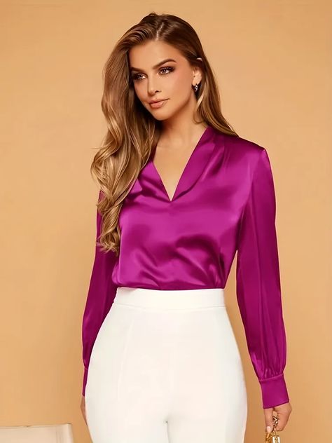 Temu Satijnen Blouses, Marina Laswick, Satin Blouses, Women Blouses, Satin Blouse, Blouse Outfit, Blouse Online, Lantern Sleeve, V Neck Blouse