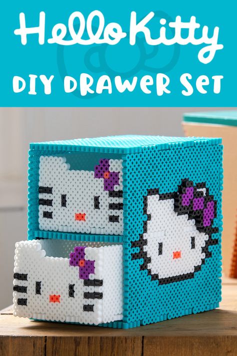 Learn how to make a Hello Kitty organizer using simple supplies! Kids will love this easy perler bead project they can use in their room. Perler Bead Desk Decor, How To Make A Box Out Of Perler Beads, Perler Bead Drawers Pattern, Perler Bead Organizer, Mini Hello Kitty Perler Beads, Peeler Bead Storage, Perler Box Pattern, Simple 3d Perler Bead Patterns, Perler Bead Drawers