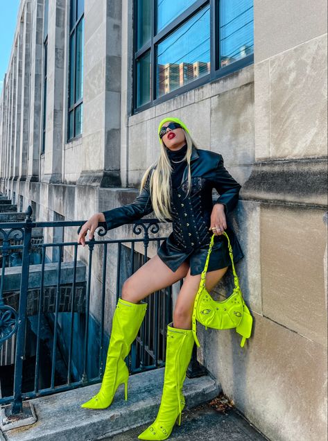 Bottega Boots Outfit, Neon Green Boots, Pointy Boots Outfit, Green Leather Jacket Outfit, Green Boots Outfit, Womens Leather Jacket Outfit, Black Leather Outfit, Orange Boots, Jacket Outfit Women