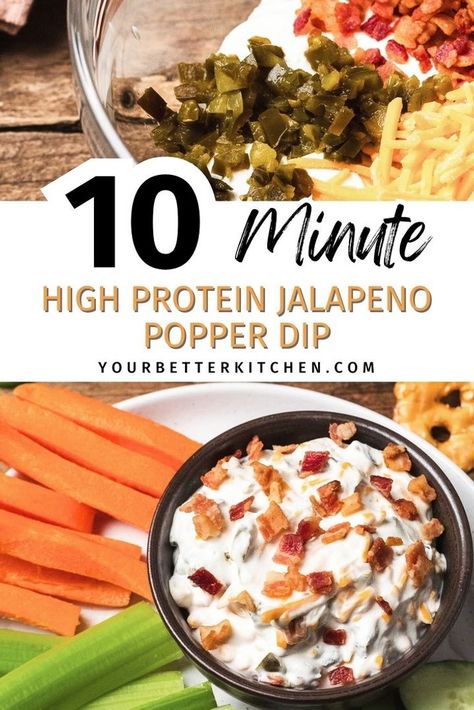 Are you a fan of high-protein snacks? Then you'll love this high-protein jalapeno popper dip recipe. It's perfect for dipping veggies, chips, and crackers. Packed with cottage cheese, bacon, cheddar, jalapenos, and cream cheese, it's keto-friendly, low-carb, and utterly delicious! Pack it with your lunch, have it as an appetizer, or a tasty midday snack. Visit yourbetterkitchen.com for this recipe and more! High Protein High Carb Snacks, High Protein Football Snacks, High Protein Dip, Popper Dip Recipe, Protein Dip, Jalapeno Popper Dip Recipe, Jalapeno Popper Dip, Popper Dip, Family Snacks