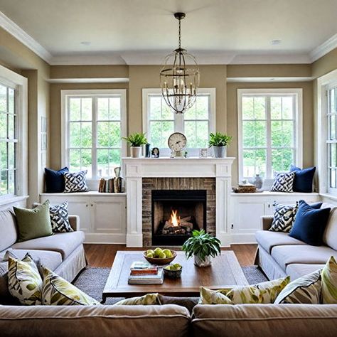 20 Fireplace Between Windows Ideas You Can Consider Fireplace Mantle With Windows On Each Side, Window Seat And Fireplace, Fireplace With Big Windows On Each Side, Fireplace With Built Ins On Both Sides And Windows, Brick Fireplace Between Two Windows, Fireplace Centered Living Room, Benches Beside Fireplace, Four Season Room With Fireplace, Fireplace With Windows On Either Side