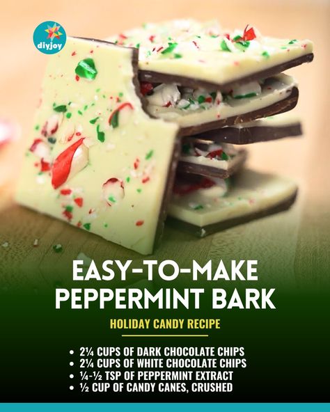 DIY Joy - Don't forget to serve this dessert for your... Bark Recipes Easy, Peppermint Bark Recipe, Holiday Candy Recipes, Peppermint Bark Recipes, Easy Christmas Candy Recipes, Molasses Cookies Recipe, Diy Joy, Festive Desserts, Candy Recipes Homemade