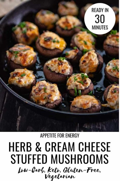 Super delicious, cheesey stuffed mushrooms are the ideal one-bite appetizer to wow guests at parties whether served hot, baked in the oven or at room temperature. Ready in 30-minutes, this easy recipe is a healthy hors d'oeuvre, great for those who are gluten-free, vegetarian or following a low-carb or ketogenic diet. #stuffedmushrooms #keto #glutenfree #vegetarian #gameday Cream Cheese Stuffed Mushrooms, Herb Cream Cheese, One Bite Appetizers, Cheese Stuffed Mushrooms, Stuffed Mushroom, Keto Pancakes, Easy Appetizers, Lemon Basil, Vegetarian Keto