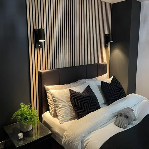 Acoustic Wood Panels Bedroom, Bedroom Slat Panelling, Panelling Headboard Bedroom, Slat Panelling Bedroom, Acoustic Wall Panels Bedroom, Wood Slat Headboard Wall, Acoustic Panels Bedroom, Wood Panel Bedroom, Acoustic Wood Wall Panels