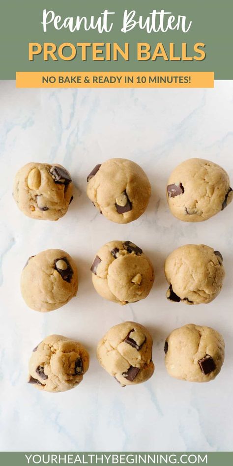 pinterest pin of no bake peanut butter protein balls Protein Ball Recipes Healthy, Peanut Butter Balls Healthy, Protein Peanut Butter Balls, Protein Cookie Dough Balls, Cookie Dough Protein Balls, Trail Snacks, Healthy Peanut Butter Balls, Energy Bite, Peanut Butter Protein Balls