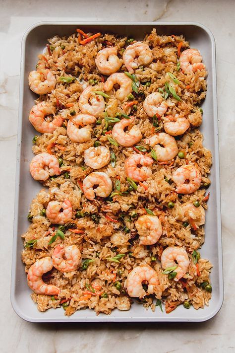 This sheet pan shrimp fried rice is the easiest way to make quick fried rice! You'll love the perfectly crispy edges. Sheet Pan Fried Rice With Shrimp, Quick Fried Rice, Cooking Fried Rice, Pan Fried Shrimp, Healthy Low Carb Dinners, Cooking Jasmine Rice, Shrimp Fried Rice, Fried Shrimp, Low Carb Dinner