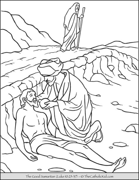 The Good Samaritan Coloring Page - TheCatholicKid.com Good Samaritan Coloring Page, Bible Coloring Sheets, Cross Coloring Page, The Good Samaritan, Children Church, Coloring Book Download, Rainbow Canvas, Good Samaritan, Bible Coloring Pages