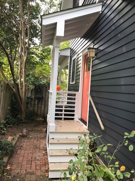 Side Porch Entrance Ideas, Side Entry Stairs Exterior, Small Side Entrance Ideas Exterior, Door On Side Of House Entrance, Small Side Door Entrance Ideas, Side Porch Stairs, Side Door Porch Ideas, Side Entrance Ideas Entryway Exterior, Flat Portico Entry