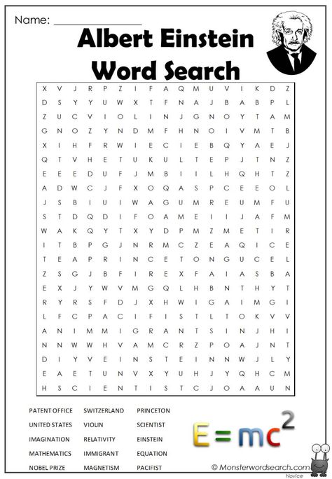 Albert Einstein Word Search- Monster Word Search Albert Einstein Projects, Albert Einstein For Kids, Cross Word, Free Printable Word Searches, Kids Worksheets, Power Hour, Unit Studies, Word Searches, Historical People