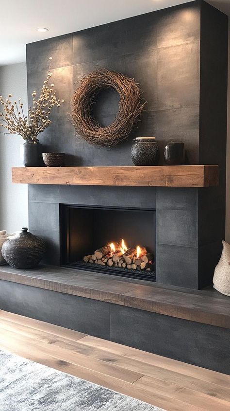 Modern Fireplace Decor With Tv, Black Stack Stone Fireplace, Unique Mantle Decor, Living Room Wall Fireplace Ideas, Green Wall Black Fireplace, Dark Color Fireplace, Cottage Electric Fireplace Ideas, Black Brick Fireplace With Built Ins, Gas Fireplace Surround Ideas Tile