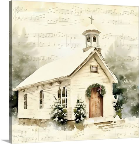 Stretched Canvas Print entitled Country Church At Christmas II.  Multiple sizes available.  Primary colors within this image include White, Black, Gray.  Made in the USA.  Satisfaction guaranteed.  Inks used are latex-based and designed to last.  Museum-quality, artist-grade canvas mounted on sturdy wooden stretcher bars 1.5 thick.  Comes ready to hang.  Canvas frames are built with farmed or reclaimed domestic pine or poplar wood. Church At Christmas, Old Country Churches, Church Pictures, Christmas Church, Country Church, Fine Artwork, Woodland Christmas, Christmas Frames, Big Canvas Art