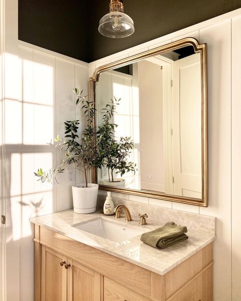 Small Half Bathroom Ideas Modern, Narrow Half Bathroom, Black Mosaic Bathroom, Half Bathroom Inspiration, Narrow Half Bathroom Ideas, Half Bathroom Ideas Modern, Modern Half Bathroom Ideas, Light Wood Vanity, Modern Half Bathroom