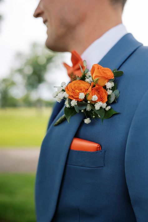 Orange and Blue wedding colors - Blue Grooms Suit - Orange Accent Wedding Colors - Orange and Blue suit - Orange Boutinierre - Orange Pocket Square Blue And Orange Country Wedding, Rustic Blue And Orange Wedding, Navy Teal Orange Wedding, Blue And Orange Theme Wedding, Wedding Blue And Orange Theme, Navy Blue And Sunset Orange Wedding, Blue And Orange Centerpieces Wedding, Royal Blue And Terracotta Wedding, Lorax Wedding Theme