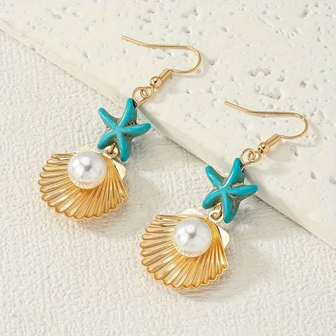 Fashion Ocean Style Starfish Shell Faux Pearl Dangle - Temu Beachy Earrings, Ocean Style, Summer Beach Jewelry, Stella Marina, Starfish Earrings, Pearl Dangle Earrings, Fish Hook Earrings, Styl Boho, Trendy Earrings