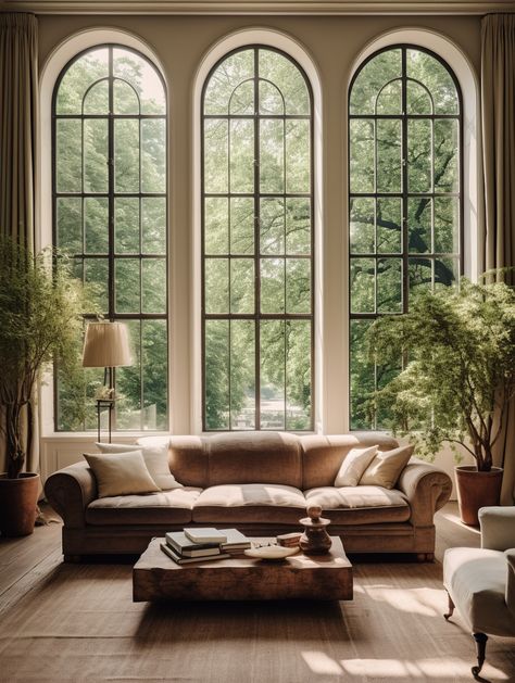 Wide Window Living Room, Arched Windows In Living Room, Huge Windows Living Room, Homes With Big Windows, Floor To Ceiling Windows Living Room, Living Room Big Windows, Living Room With Windows, Picture Windows Living Room, House With Big Windows