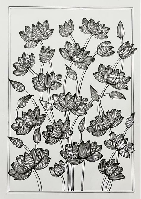 Lotus Doodle Art, Doodle Art Flowers Zentangle Patterns, Black Pen Sketches Easy, Black Pen Art Doodles, Pretty Patterns To Draw, Doodle Patterns Easy, Pen Art Work Illustrations, Black Sketch Pen Art, Black Pen Drawing Sketches