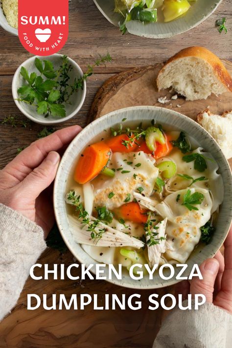 Who needs Chicken Noodle Soup when you can have Chicken Gyoza Soup? For a quick and nutritious recipe for those chilly days, there’s nothing more satisfying than a warm bowl of soup and dumplings. Soup And Dumplings, Gyoza Soup, Asian At Home, Chicken Gyoza, Dumpling Soup, Recipe For Chicken, Dumplings For Soup, Chicken Bones, Chicken Noodle Soup