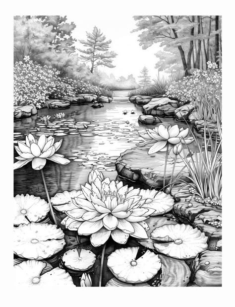 Garden Pencil Drawing, Manga Landscape Black And White, Flower Garden Sketch, Pond Sketch, Nature Sketches Pencil, Pencil Sketches Landscape, Koi Fish Drawing, Landscape Pencil Drawings, Landscape Design Drawings