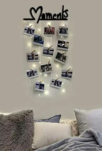 Photo Hanging Ideas Wall With Lights, Hanging Photo Display, Picture Frame Collage, Photo Wall Hanging, Frame Collage, Wood Clips, Memory Wall, Display Pictures, Collage Picture Frames