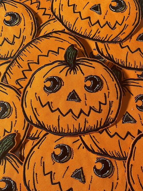 "Pumpkin Iron-on Patches🎃🖤 I am so incredibly excited to be able to offer these patches based on my Harvet Jack-o-Lantern Prints! These little guys are 4\" long and 2.3\" wide, and feature my cute Jack-o-lantern design in stitch form!  Each patch is coated on the back for easy iron on, but may be stitched or sewn as well! SHIPPING💌: Patches will be shipped for free within Canada, sent via Canada Post Lettermail (stamps). Available to ship internationally." Orange Lanterns, Phone Background Wallpaper, Sheet Ghost, Embroidery Hoop Crafts, Jack O Lantern Faces, Harvest Pumpkin, Jack O'lantern, Magical Herbs, Vintage Halloween Decorations