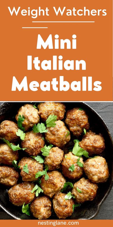 Mini Weight Watchers Italian Meatballs graphic. Weight Watchers Meatballs, Ww Appetizers, Ground Beef Meatballs, Italian Meatballs Recipe, California Food, Weight Watcher Dinners, Beef Meatballs, Italian Meatballs, Meatballs Recipe