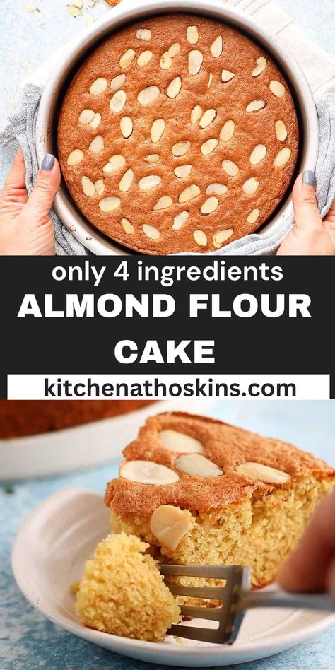 This almond flour cake is so soft, light and fluffy with a moist crumb. Made with just 4 ingredients, it is mildly sweet and is delicious plain or made into a layer cake. Almond Flour Cake Mix Recipes, Almond Flour Spice Cake, Light And Fluffy Almond Cake, Almond Cake With Almond Flour, Cake With Almond Flour Recipe, Almond Cake Recipe Gluten Free, Almond Flower Dessert, Almond Flour Sheet Cake, Almond Flour Easy Recipes