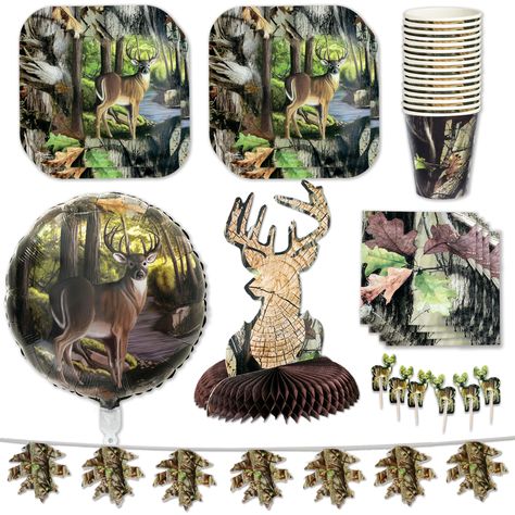 PRICES MAY VARY. AUTHENTIC HUNTING CAMO PARTY with licensed CAMO PATTERN – Next G1 Camo is a recognized leader in Outdoor Camo products-- this pattern is the “Real Deal”, and perfect for kid or adult birthdays, retirement, reunions, Father's Day, picnics, camping and more! 16 BIG PLATES - includes 16, Large 9 inch Square Plates for the main course at your party. Sturdy Construction will hold up under all your delicious food. Authentic Camo Border with a beautiful buck/deer in the forest featured Boys Hunting Birthday Party, The Big One Deer Birthday Party, Hunting Party Ideas, Camo Party Ideas, Hunting Themed Birthday Party, Hunting Camo Party, Deer Hunting Party, Deer Birthday Party, Leaf Banner