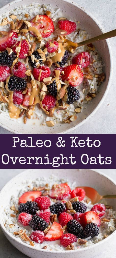 These grain-free and Paleo Overnight Oats have all the delicious taste of an oat recipe, without the grains! You’ll love the unique combination of nuts, seeds, and shredded coconut with some extra milk and topped with berries. Serve warm or cold, you can’t go wrong either way! Paleo Overnight Oats, Overnight Oats With Yogurt, Grain Free Breakfast, Paleo Recipes Breakfast, Overnight Oats Healthy, Grain Free Recipes, Paleo Breakfast, Oats Recipes, Shredded Coconut