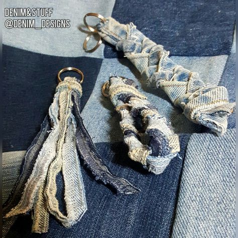 Here's some new styles of denim keychains made from recycled jeans. More denim on Instagram: @denim_designs or email me at denimandstuffltd@gmail.com. Retail / Wholesale inquiries welcome. Uses For Old Jeans, Repurpose Jeans, Artisanats Denim, Diy Old Jeans, Denim Jeans Ideas, Girls Night Crafts, Denim Crafts Diy, Blue Jeans Crafts, Denim Projects