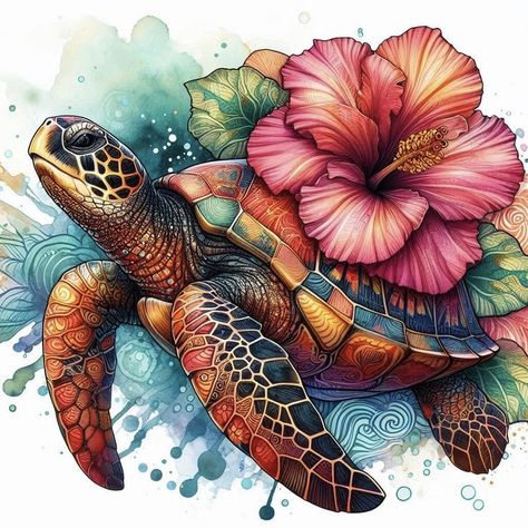 Neo Traditional Turtle Tattoo, Turtle Tattoo Color, Bright Colorful Tattoos, Cute Turtle Tattoo, Calf Tattoos For Women, Gloucester Uk, Hibiscus Flower Tattoos, Arm Sleeve Tattoos For Women, Sea Turtle Tattoo