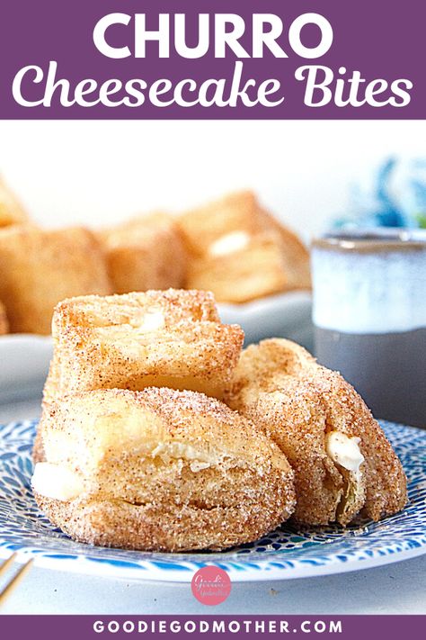 Churro cheesecake bites are perfectly delectable finger-food-meets-dessert recipe! The best part is that you can have this recipe ready to serve in less than 30 minutes! It's a great way to enjoy cheesecake anytime. Del Taco Cheesecake Bites Recipe, Angel Food Churro Bites, Crescent Cheesecake Bites, Mini Churro Cheesecake Bites, Mini Birthday Desserts, Churros Cheesecake Recipe, Cheesecake Churro Bites, Dessert Recipes Mexican, Churro Cheesecake Bites Recipe