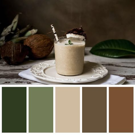 Greens And Browns Palette, Forest Green Color Palette Bedroom, Colours That Go With Brown, Cafe Color Scheme, Cafe Color Palette, Natural Colour Scheme, House Color Palettes, Brown Color Palette, Green Palette