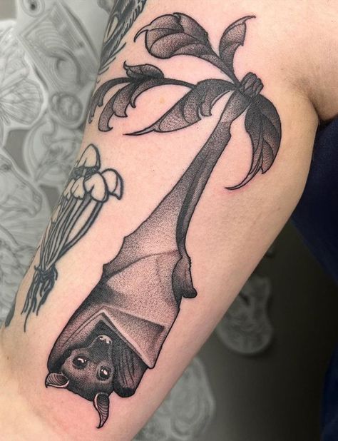 Bat Tattoo Hanging, Hanging Bat Tattoo Design, Bat Hanging Tattoo, Sleeping Bat Tattoo, Bat Moon Tattoo, Tattoo American Traditional Black, Bat Thigh Tattoo, Matching Bat Tattoos, Realistic Bat Tattoo