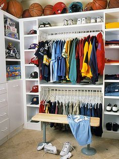 Storing Seasonal Sports Clothing www.addpacetoyourlife.com Kids Shoe Organization, Teen Closet, Makeup Room Decor Small Spaces, Closet Room Organizer, Toddler Organization, Organized Closet, Boys Closet, Kids Closet, Makeup Room Decor