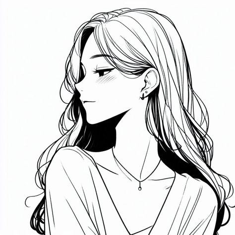 Anime Side Profile Reference Female, Side Profile Long Hair Drawing, Short Hair Side Profile Drawing, Anime Female Side Profile, Profile Smile Drawing, File Icon Aesthetic, Side Profile Drawing Woman, Female Side Profile Drawing, Hair Side Profile Drawing